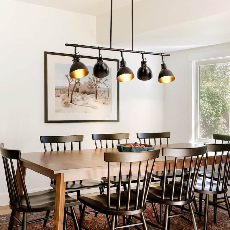 5-Light Industrial Modern Black Linear Pot Lid Pendant Kitchen Island Lighting/ Adjustable Tracking Light