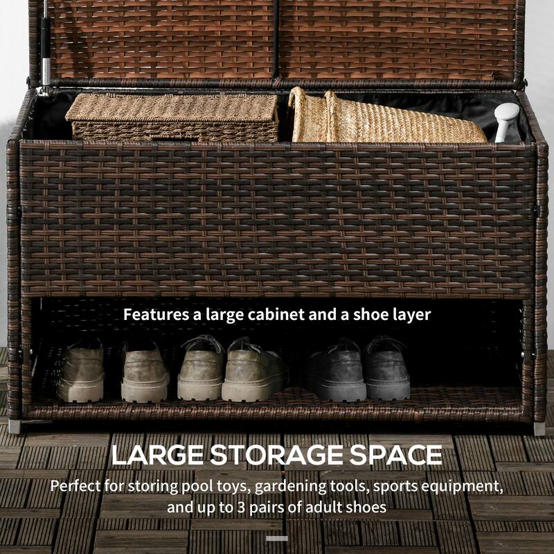 Pool Deck Storage Box Multipurpose Storage Box Rattan Deck Box with Liner and Spring-Assisted Lift for Indoor Outdoor Garden