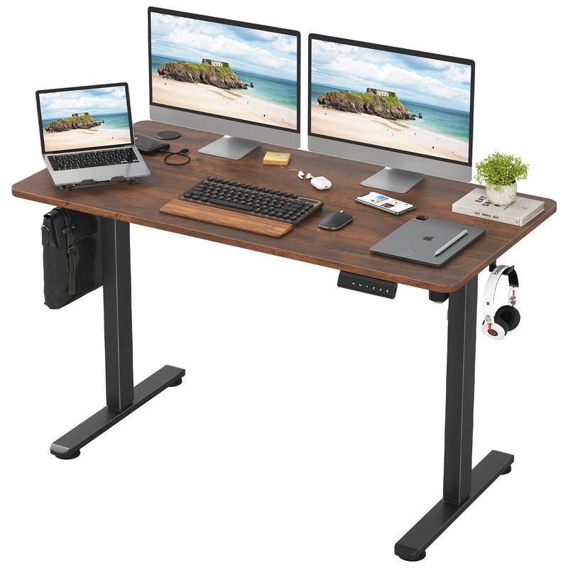 Electric Standing Desk Adjustable Height Sit Stand Home Office Desk with Splice Board - Reddish Brown