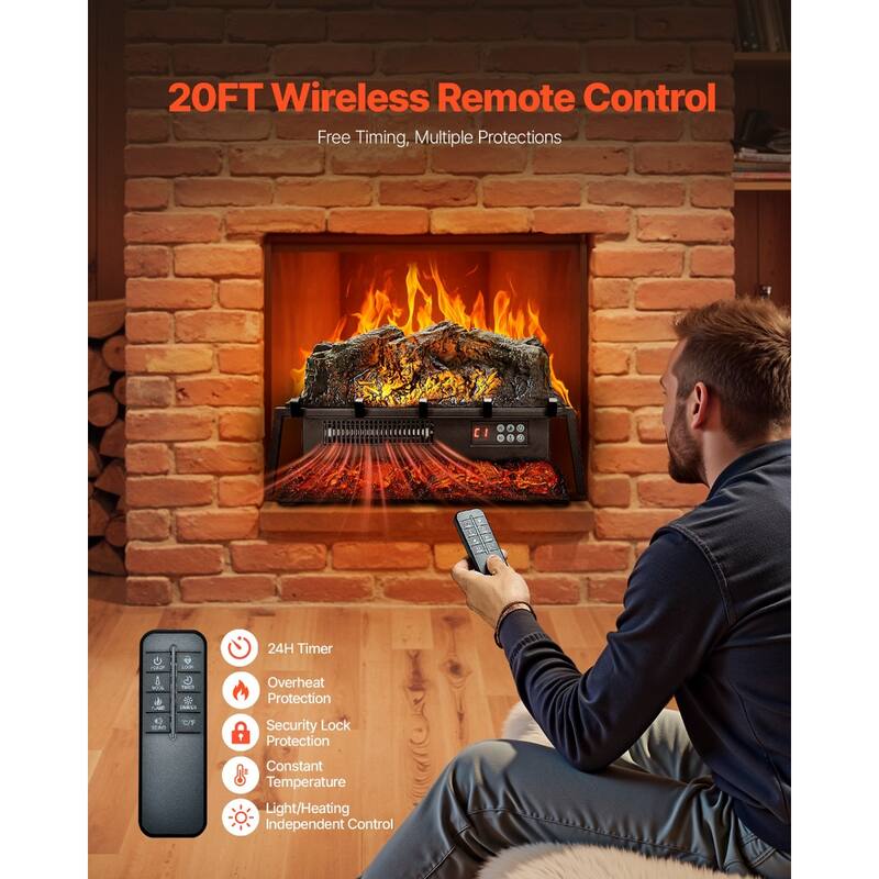 1500W Electric Log Heater with Timer and Remote Adjustable Brightness