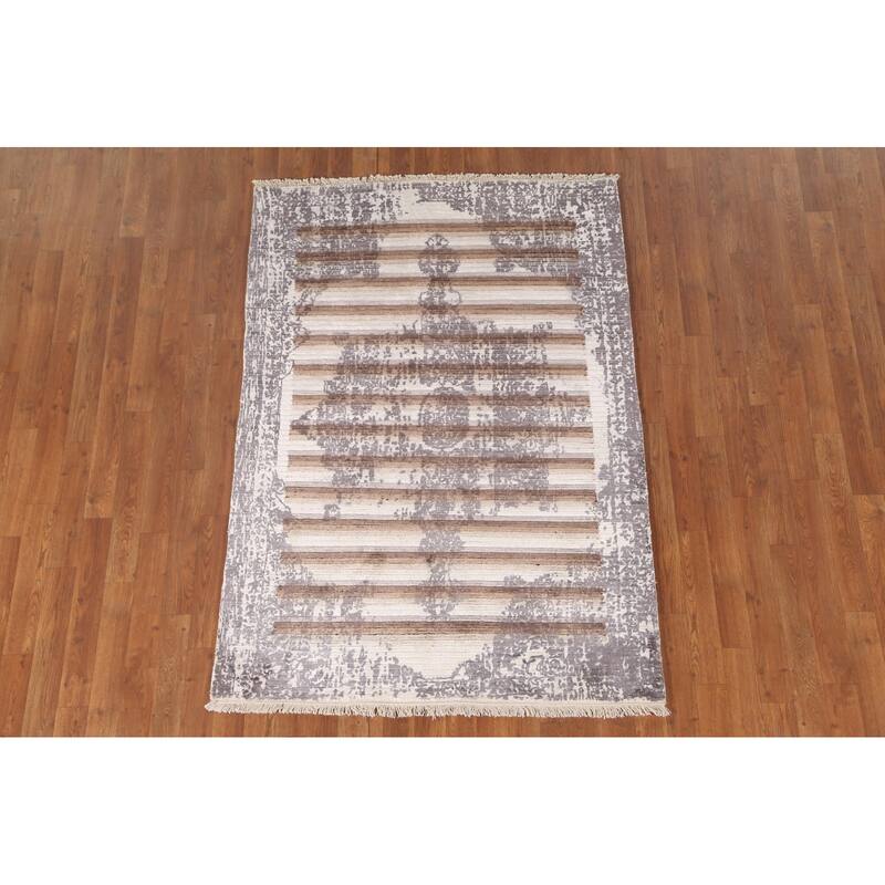 Striped Abstract Area Rug Handmade Oriental Wool Carpet - 4'0"x 5'9"