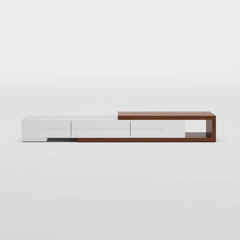 Modern Extendable TV Stand, Solid Wood Media Console for Up to 100 Inch TV with 3 Drawers, Fully-Assembled, Walnut Veneer