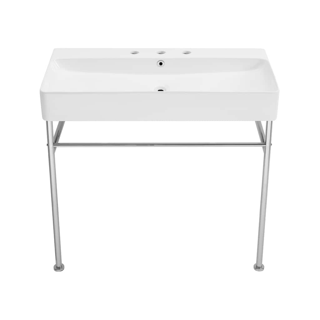 Carre 36" Console Sink White Basin Chrome Legs With 8" Widespread Holes - 35" x 16" x 34.7"