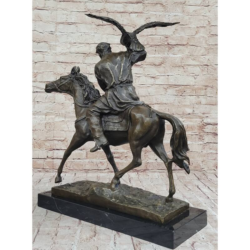 Horse Mounted Khazak Eagle Falcon Hunter Trained Bird Bronze Statue Sculpture Figure 21 Inches X 21 Inches