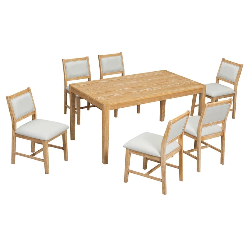 7-Piece, Retro Dining Table Set with Rectangular Wood Dining Table Set and 6 Chairs, for Dining Room and Kitchen, Natural