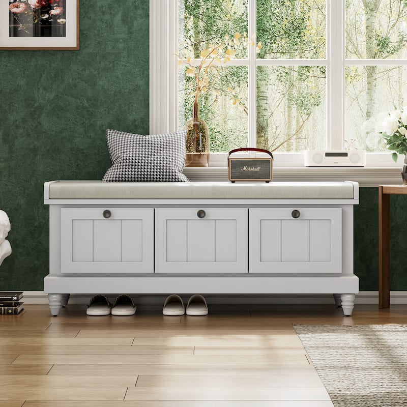 Storage Bench with Cushioned Seat & 3 Drawers, Wooden Entryway Storage Bench, Shoe Bench with Hidden Storage Space - Light Gray