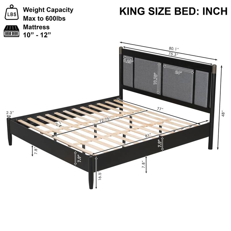 Roomfitters King Wood Platform Bed Frame, Heavy Duty 600lbs Support, Upholstered Headboard with Metal Accents