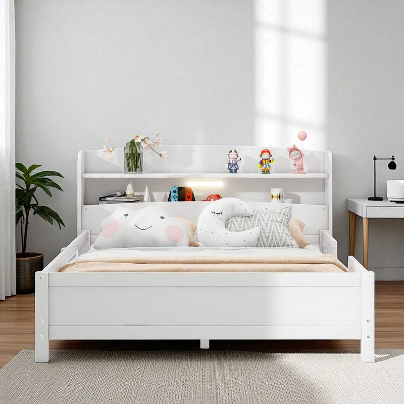 Twin/Full Size Wood Platform Bed with LED Light, Storage Headboard and Guardrail, No Box Spring Needed