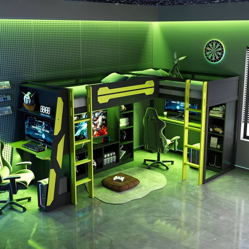 Esports Bed Gaming Loft Bed for PS PC Gamers Gaming Room - Green - Twin
