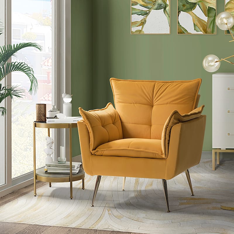 1ida Modern Velvet Tufted Padded Cushion Armchair with Golden Metal Legs by HULALA HOME - MUSTARD