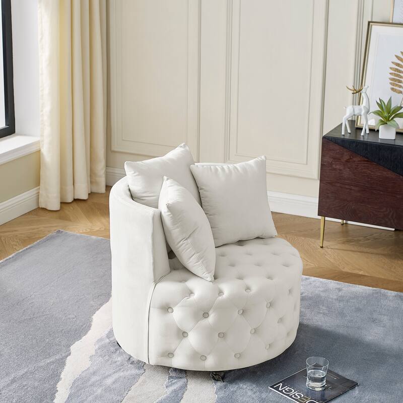 Roomfitters Velvet Swivel Chair with Tufted Button Design, Round Accent Chair with 3 Pillows and Wheels, Lounge Seating