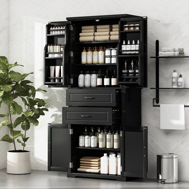 Storage Cabinet with Multi-Functional Storage Space, Doors with Storage Shelves, 2 Drawers, Adjustable Shelf - Black