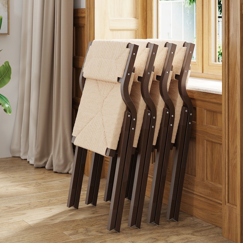 Wood Folding Chairs, Foldable Chairs Wooden Stackable Dining Chairs with Woven Seat & Webbing Back, Dining Chair Set of 2
