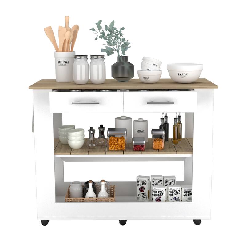 Cala Kitchen Island 46, Six Casters, Two Drawers, Lower Open Shelf -White / Light Oak