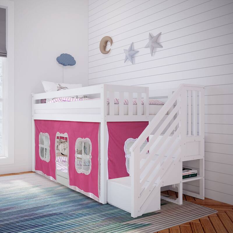 Max and Lily Twin over Twin Low Bunk Bed with Staircase and Curtains - White with Pink/White Curtain