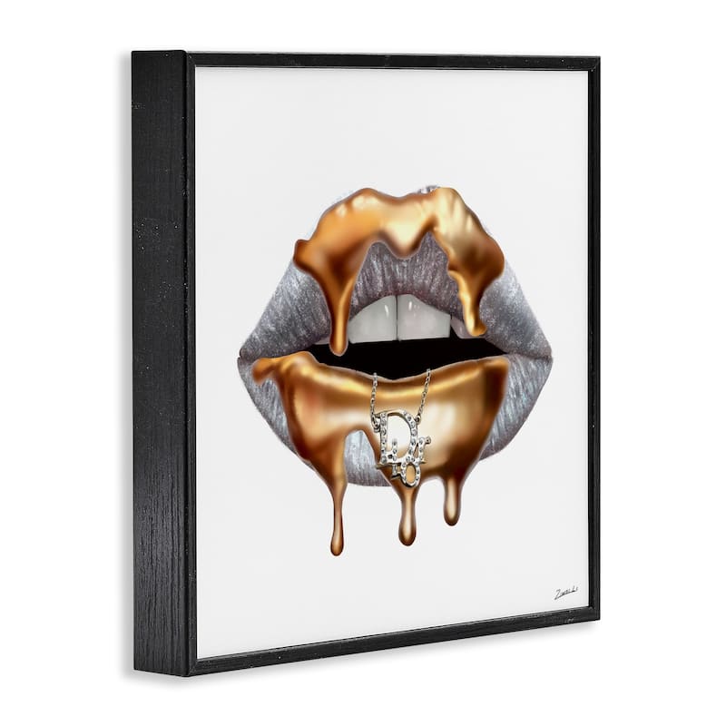 Stupell Glam Silver Lip Portrait Fashion With Gold Drip Framed Wall Art,12x12