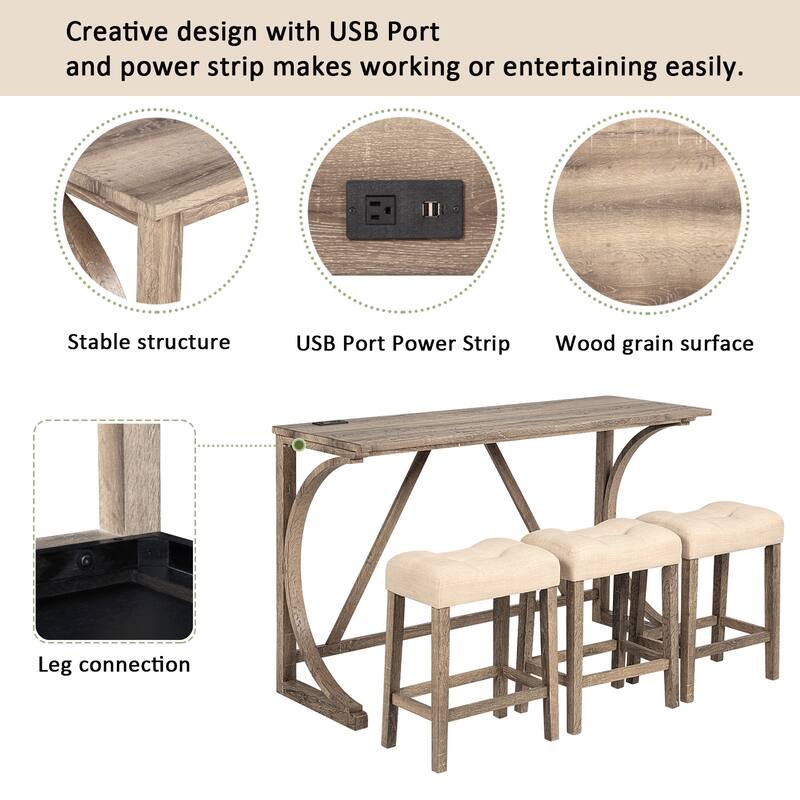 GDFStudio - Alderon 4-Piece Industrial Bar Height Table Set with Built-In Power Outlet & 3 Upholstered Stools