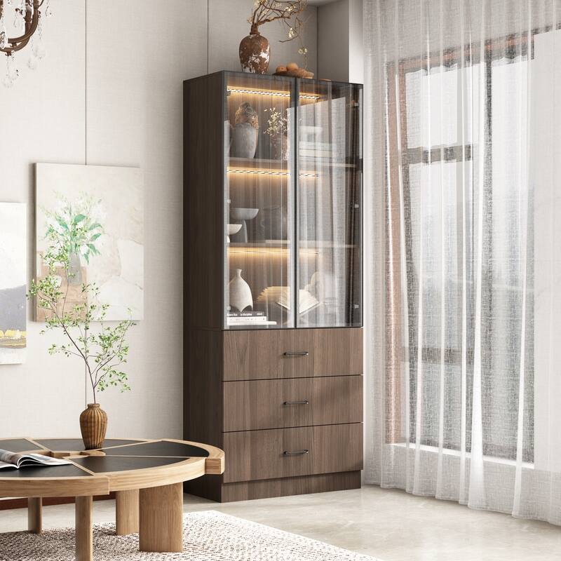LED-Lit Wood Grain Cabinet - Configurable Storage for Home or Office