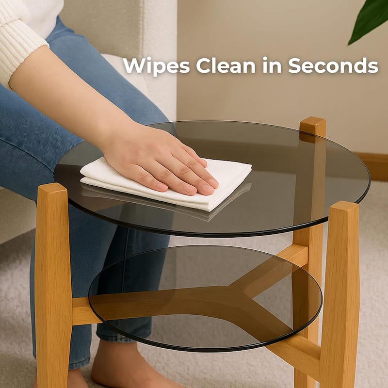 24 Inches 2-tier Glass Round End Table with Shelf and Wooden Legs