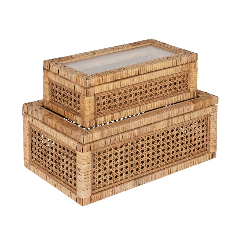 Woven Rattan Display Boxes with Glass Lids & Fir Wood Frame