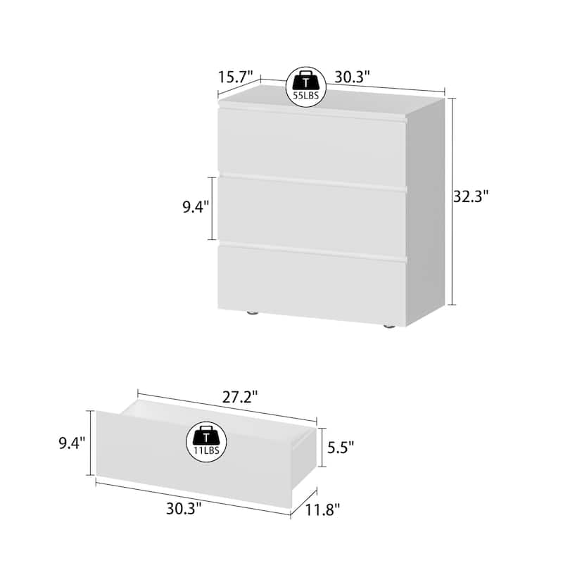 3 Drawer 32.3"H x 30.3" W Nightstand Chest Cabinet Dresser Bedroom Storage