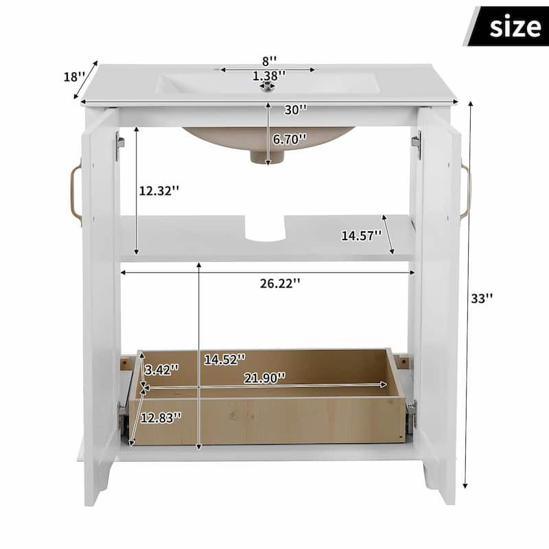 30" Freestanding Bathroom Vanity with Resin Sink - Hidden Drawer and Storage Cabinet