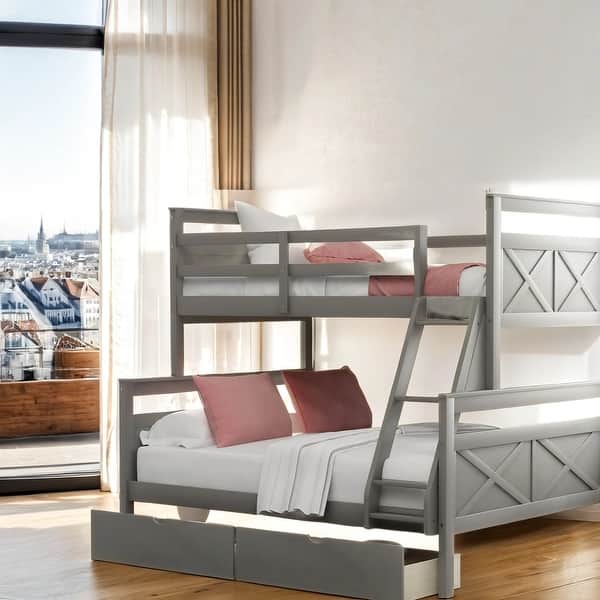 slide 2 of 12, Twin Over Full Bunk Bed with Ladder, Two Storage Drawers, Safety Guardrail Grey