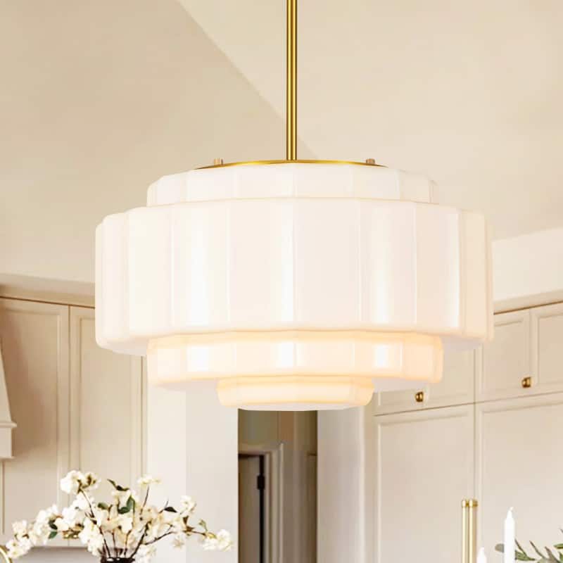 Rennnsan 3-Light Mid-Century Modern Brass Tiered Milk Glass Pendant for Dining Room - 15.7 in. W x 7.1 in. H - 15.7 in. W x 7.1 in. H - Gold
