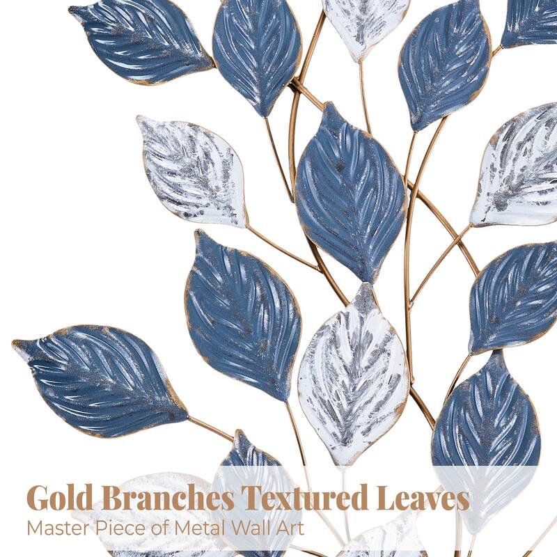 Green White Vertical 3D Leaf Metal Wall Art 36x19 Textured Iron Decor