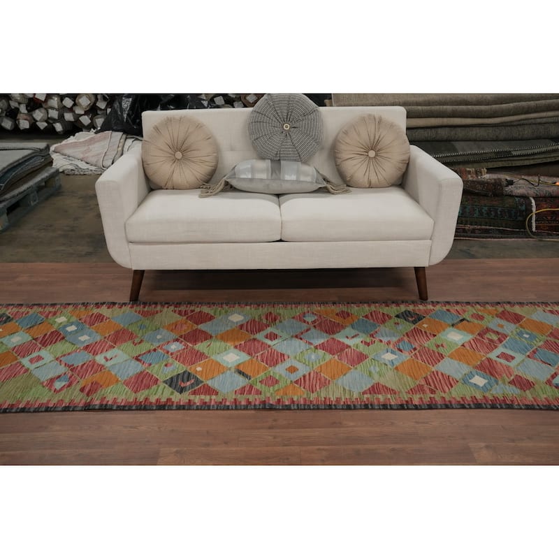 Hand Woven Oriental 100% Wool Carpet Southwestern Modern Multi-Colored Kilim Runner Rug - 11' 7'' X 2' 7''