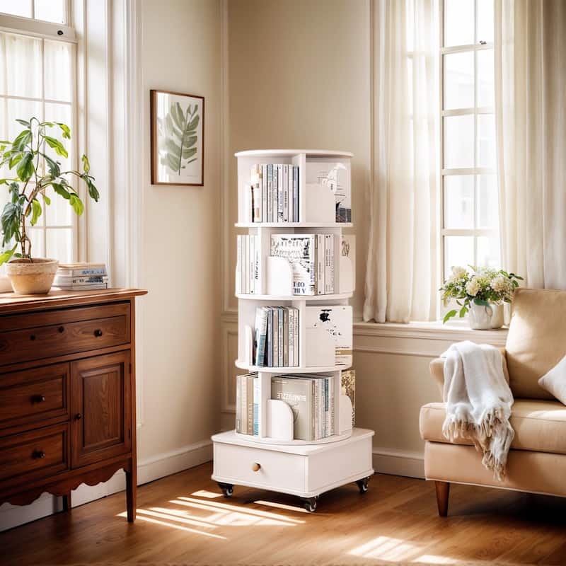 Rotating Bookshelf with Drawer,360 Display 5 Tier Bookshelf,Floor Standing Bookcase Storage Rack,Narrow Book Shelf Organizer