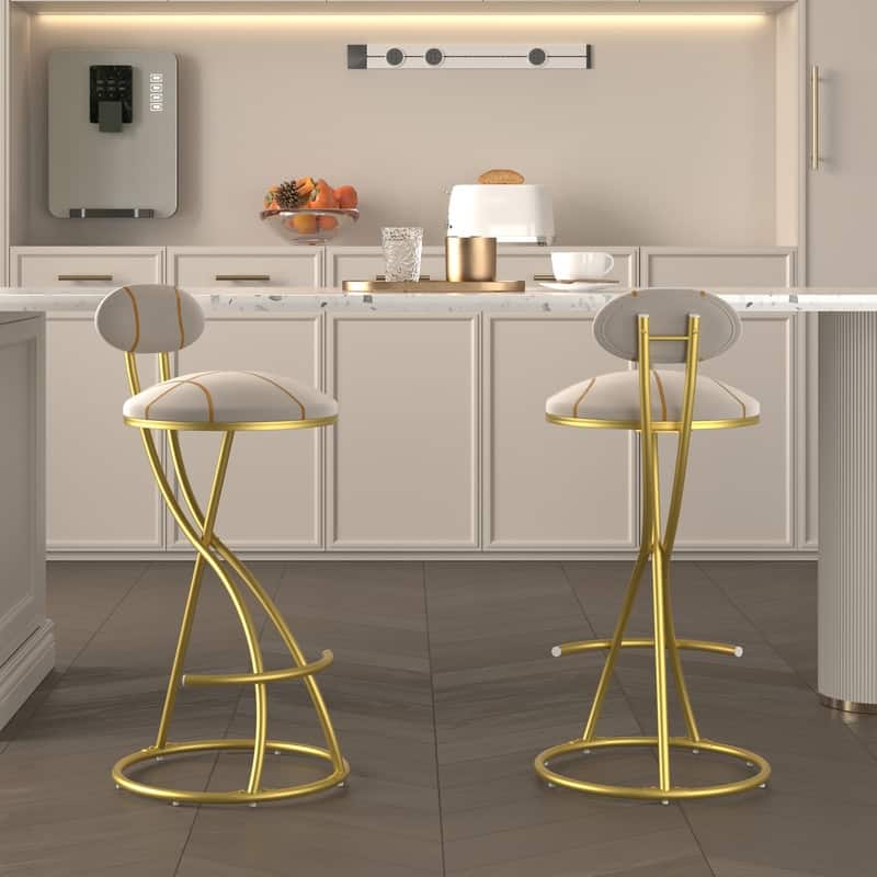 Round Bar Stools S-shaped Stripe Kitchen Stool Set of 2 Modern Velvet Upholstered Counter Chair for Dining Room