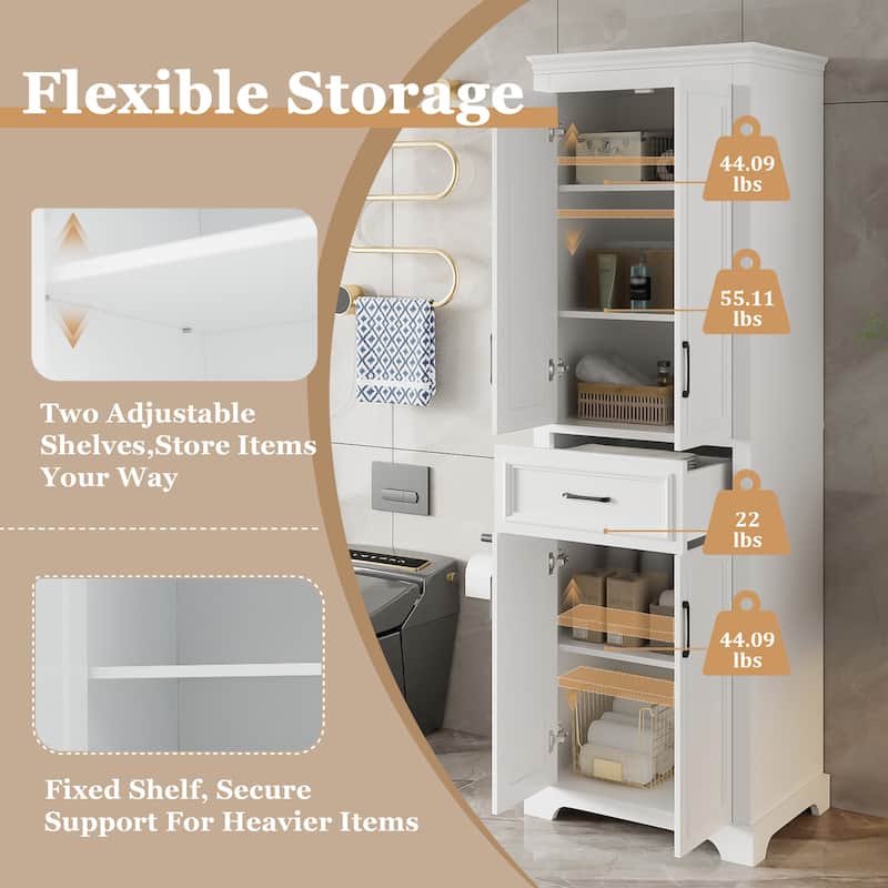 Modern Elegant White Tall Cabinet Freestanding Storage Cabinet for Bathroom with Adjustable Shelves and Damping Hinge Doors