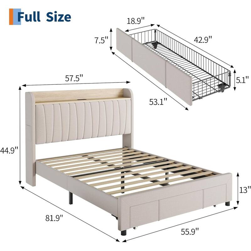 Upholstered Platform Beds with Drawers, Storage Headboard, Charging Station, Beige
