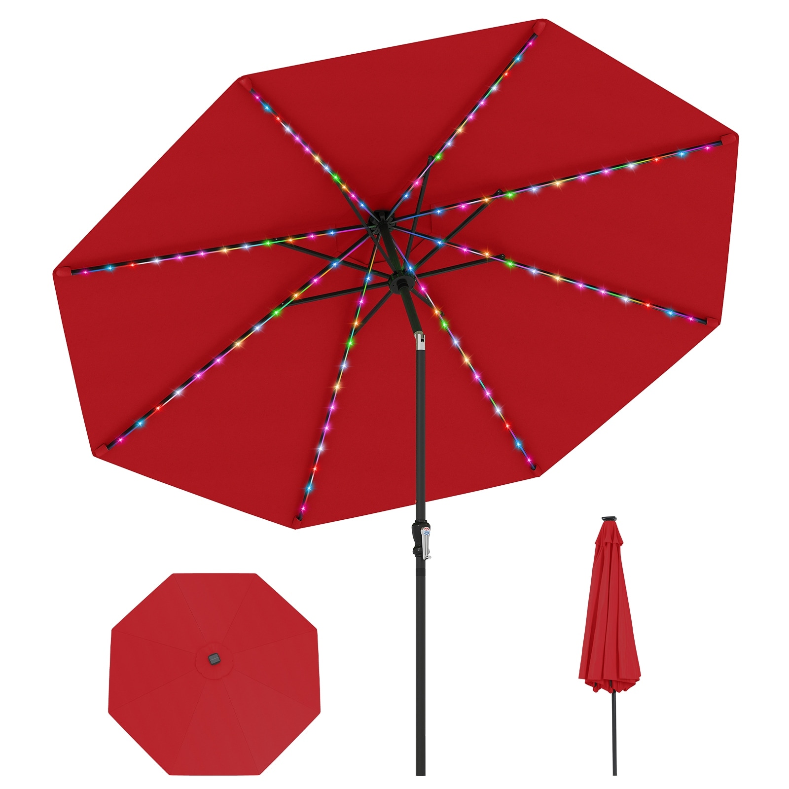 Gymax 10 FT Solar Patio Umbrella w/96 Multi-colored LED Lights & 9