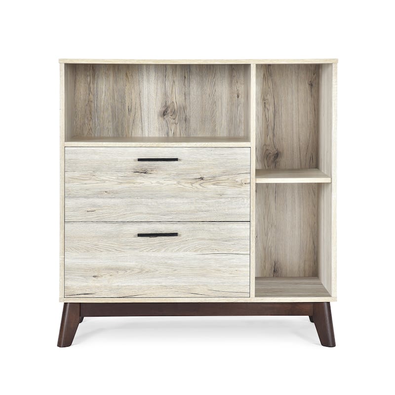 Roomfitters Mid-Century Modern Storage Cabinet with Two Drawers and Open Shelves, Wood Grain Finish