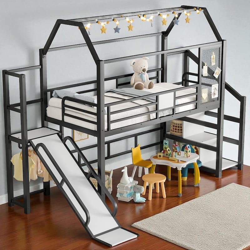 Twin/Full Metal House Loft Bed with Slide and Stairs, Kids Playhouse Bed with Roof, Storage Shelves & Guardrails