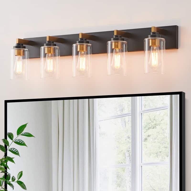 KAWOTI 5-Light Bathroom Vanity Light with Clear Glass Shade - Gold & Black