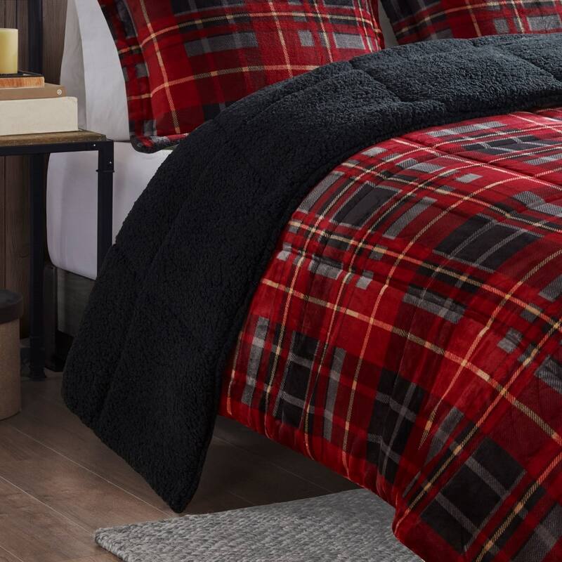 GDF Studio - Alton Plush to Sherpa Down Alternative Comforter Set - Red Plaid