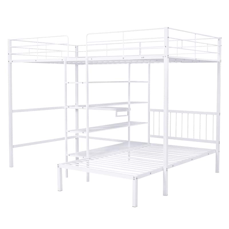 Full Over Twin Metal Bunk Bed with Built-in Desk, Shelves and Ladder - Space-Saving Design