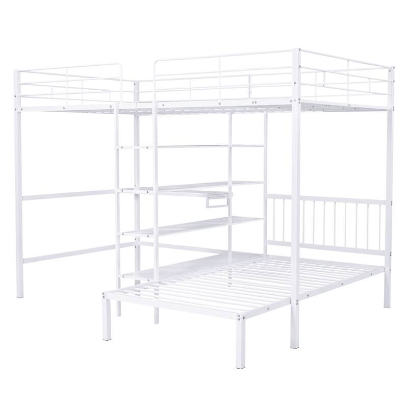 Full Over Twin Metal Bunk Bed with Builtin Desk, Shelves and Ladder