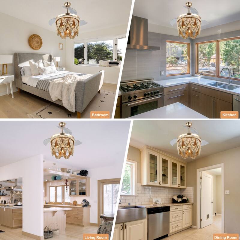 Cusp Barn 42 Inch Boho Retractable Ceiling Fan with Remote, Coastal 6 Speeds Fandelier, Farmhouse Caged Wood Beaded Ceiling Fan