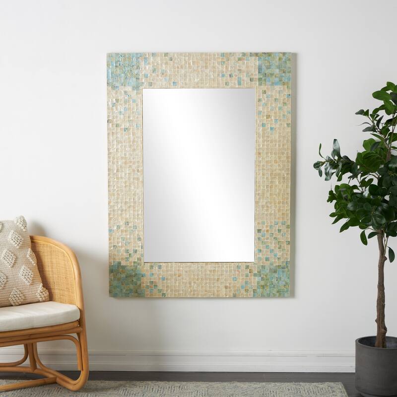 Cream Mother of Pearl Shell Handmade Mosaic Room Wall Mirror with Blue Corners - Cream - 36"W, 48"H WALL MIRROR