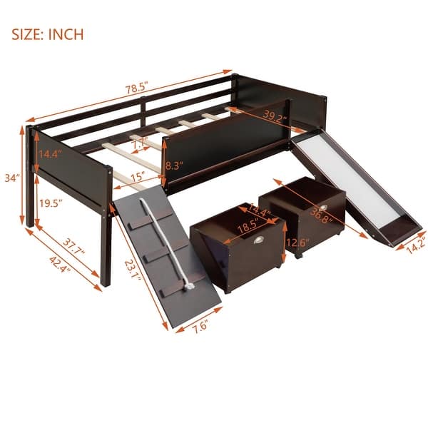 dimension image slide 2 of 4, Twin Size Wood Loft Bed with Two Storage Boxes and Chalkboard