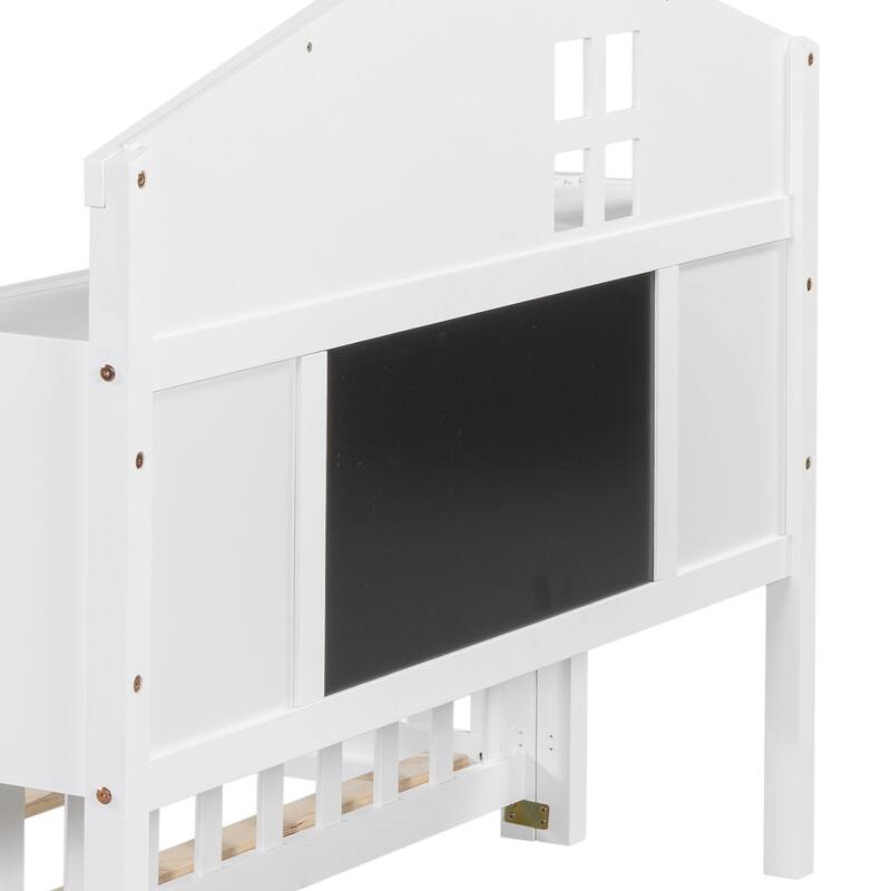 Full-size Montessori Floor Bed with Bookcases, Blackboards & Guardrails, Solid Wood Kids Platform Bed with Storage Headboard