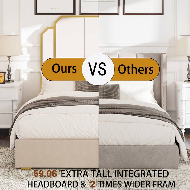 Queen Size Upholstered Platform Bed with 4 Drawers and Legs