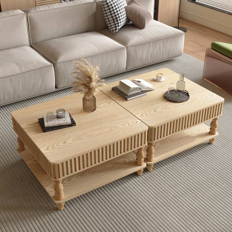 Modern Solid Wood Veneered Round/Oval/Rectangular Coffee Tea Table with Storage.
