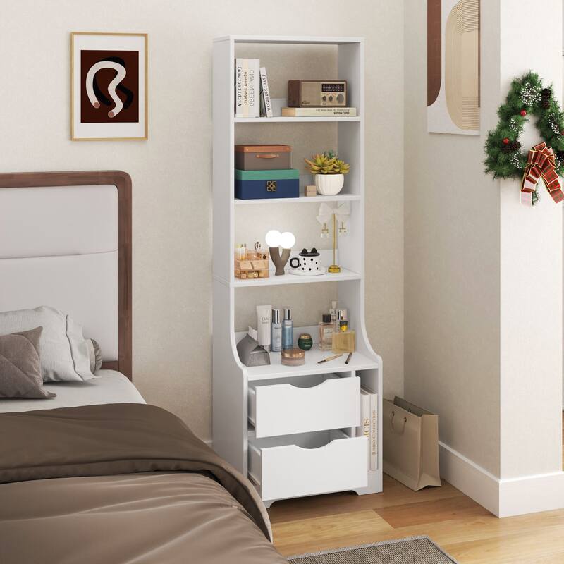 Anmytek White Nightstand Storage Shelf with Drawers, Multi Functional Desk Organizer for Small Spaces