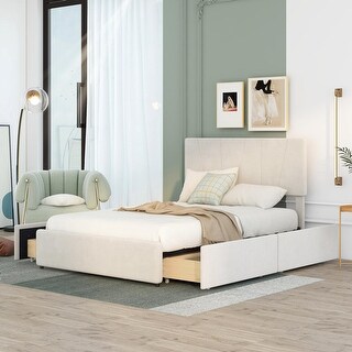 Full Size Velvet Upholstered Platform Bed Frame with 4 Storage Drawers ...