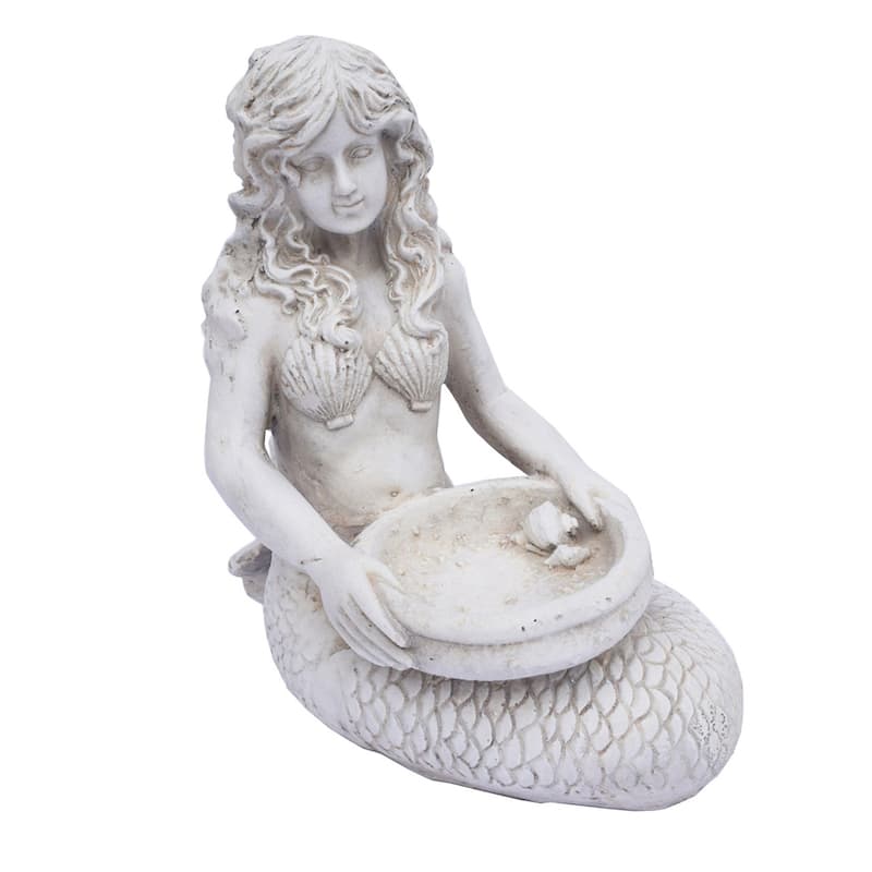 15.6"Coldcast Mermaid Birdbath Antique White